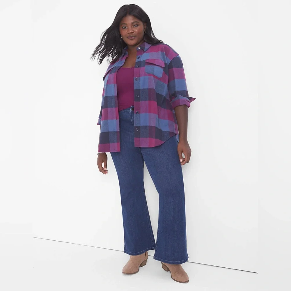 Lane Bryant Button-Front Plaid Shacket, Size 22/24, Multicolor Check